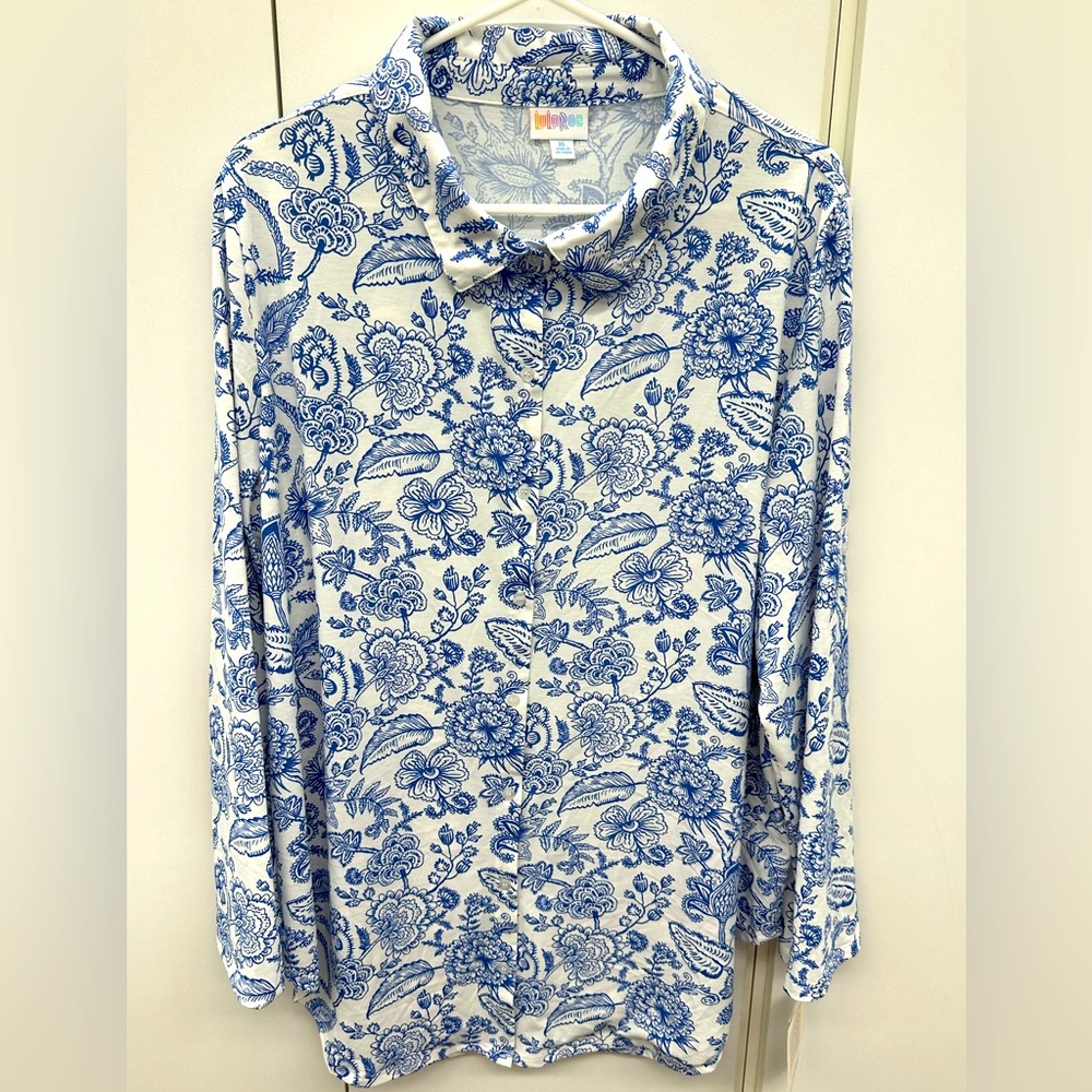 Floral Blue and White Long Sleeve Button Down Shirt